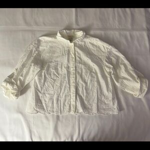 A New Day (Target) White Eyelet Long Sleeve Button Down Shirt w/ Scalloped Hem